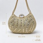 Bolso de mano con pedrería dorada para mujer, diseño de abanico, estuche rígido, bolso de noche con cristales, cadena, ideal para bodas, galas y fiestas, regalo. - Imagen 6