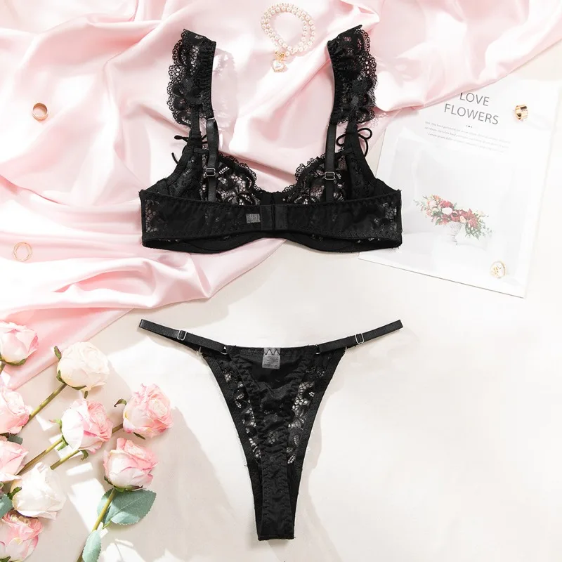 Conjunto de lencería femenina con encaje floral negro de estilo francés, sensual, transparente, con volantes, lazo y sujetador con aros y bragas, 2 piezas, ropa interior sexy.