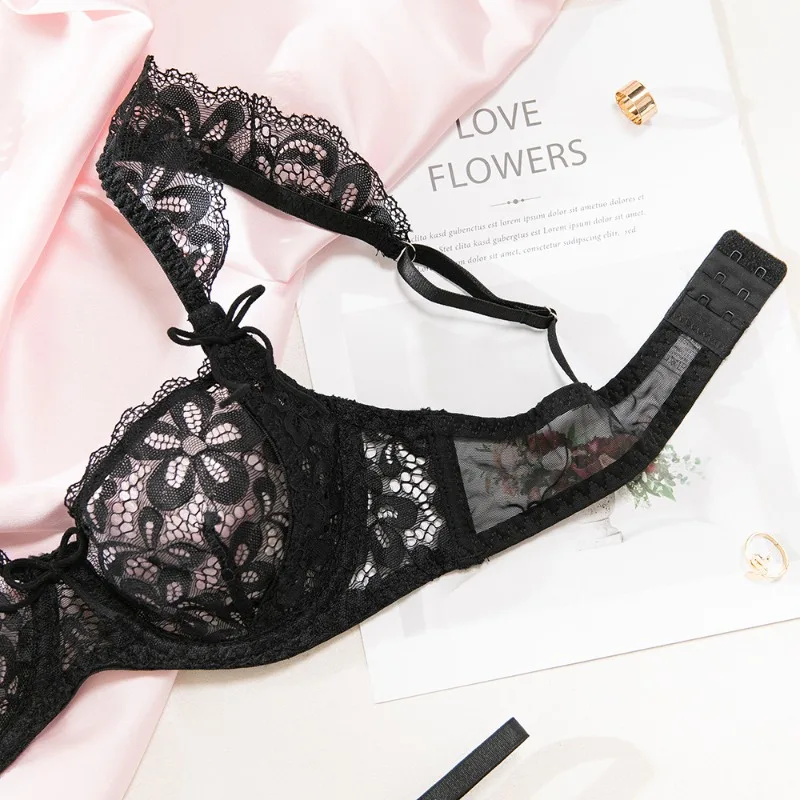 Conjunto de lencería femenina con encaje floral negro de estilo francés, sensual, transparente, con volantes, lazo y sujetador con aros y bragas, 2 piezas, ropa interior sexy.