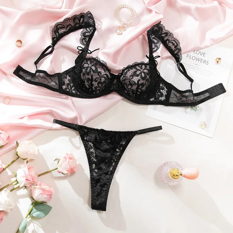 Conjunto de lencería femenina con encaje floral negro de estilo francés, sensual, transparente, con volantes, lazo y sujetador con aros y bragas, 2 piezas, ropa interior sexy.