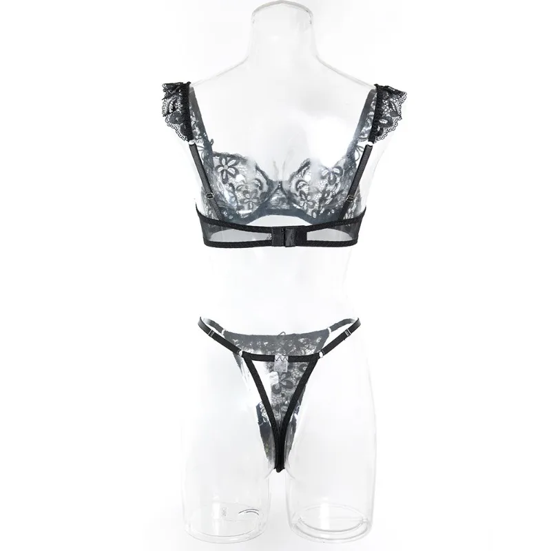 Conjunto de lencería femenina con encaje floral negro de estilo francés, sensual, transparente, con volantes, lazo y sujetador con aros y bragas, 2 piezas, ropa interior sexy.