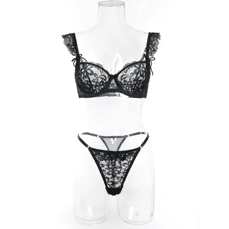 Conjunto de lencería femenina con encaje floral negro de estilo francés, sensual, transparente, con volantes, lazo y sujetador con aros y bragas, 2 piezas, ropa interior sexy.