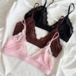 Conjunto de sujetador con cuello en V de encaje para mujer, lencería elegante y transpirable para verano, conjunto de ropa interior lisa y elegante