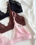 Conjunto de sujetador con cuello en V de encaje para mujer, lencería elegante y transpirable para verano, conjunto de ropa interior lisa y elegante - Imagen 4