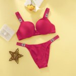 Conjunto de lencería sexy Victoria's Secret, muy atractivo, con logo brillante, tirantes degradados, sujetador push-up con pedrería y tanga brillante con letras. - Imagen 5