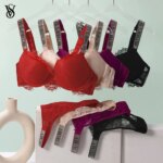 Nuevo conjunto de lencería con encaje en V para mujer, conjunto sexy de sujetador y bragas, cómodo, con realce, moldeador, ajustable y acolchado.