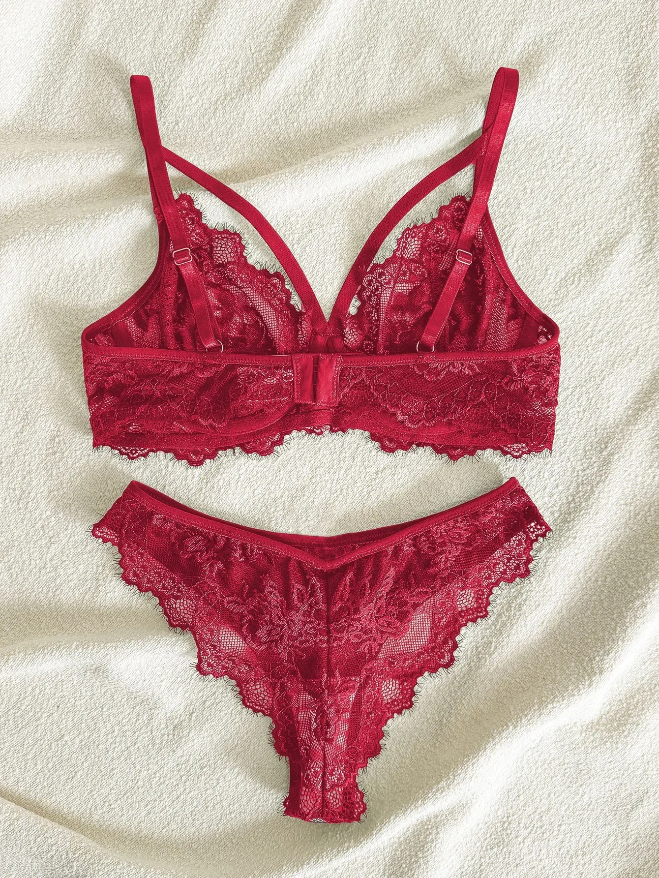 Lencería y ropa interior para mujer, sujetador con aros y tirantes de encaje elegante con diseño de pestañas y bragas brasileñas, estilo sexy