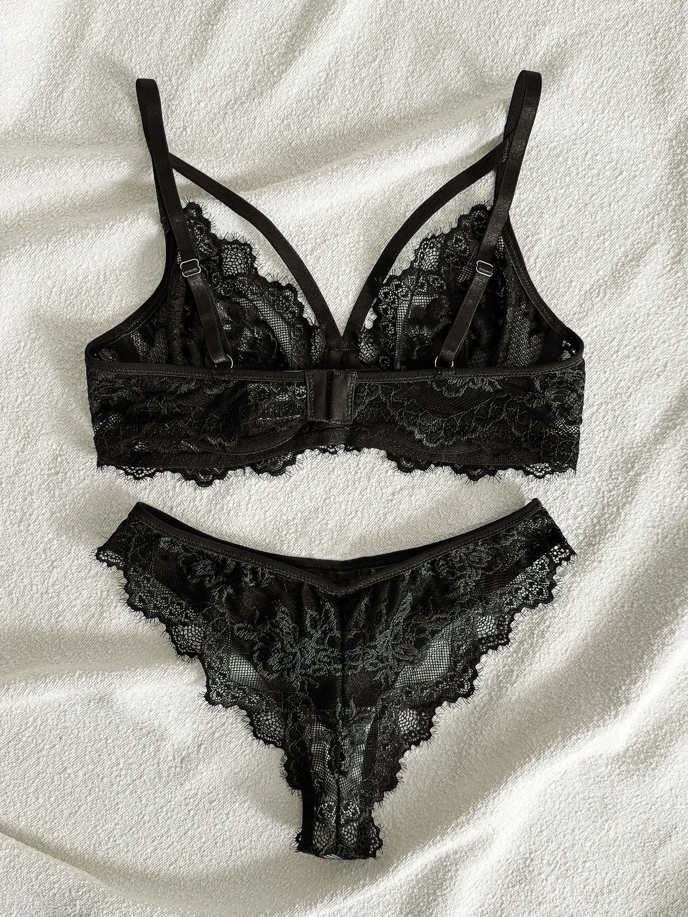 Lencería y ropa interior para mujer, sujetador con aros y tirantes de encaje elegante con diseño de pestañas y bragas brasileñas, estilo sexy