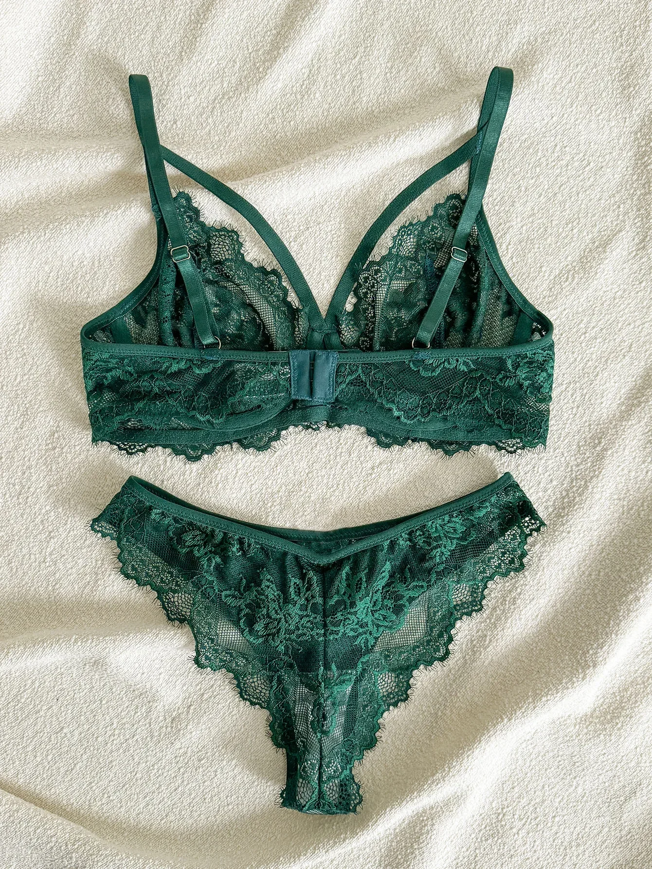 Lencería y ropa interior para mujer, sujetador con aros y tirantes de encaje elegante con diseño de pestañas y bragas brasileñas, estilo sexy