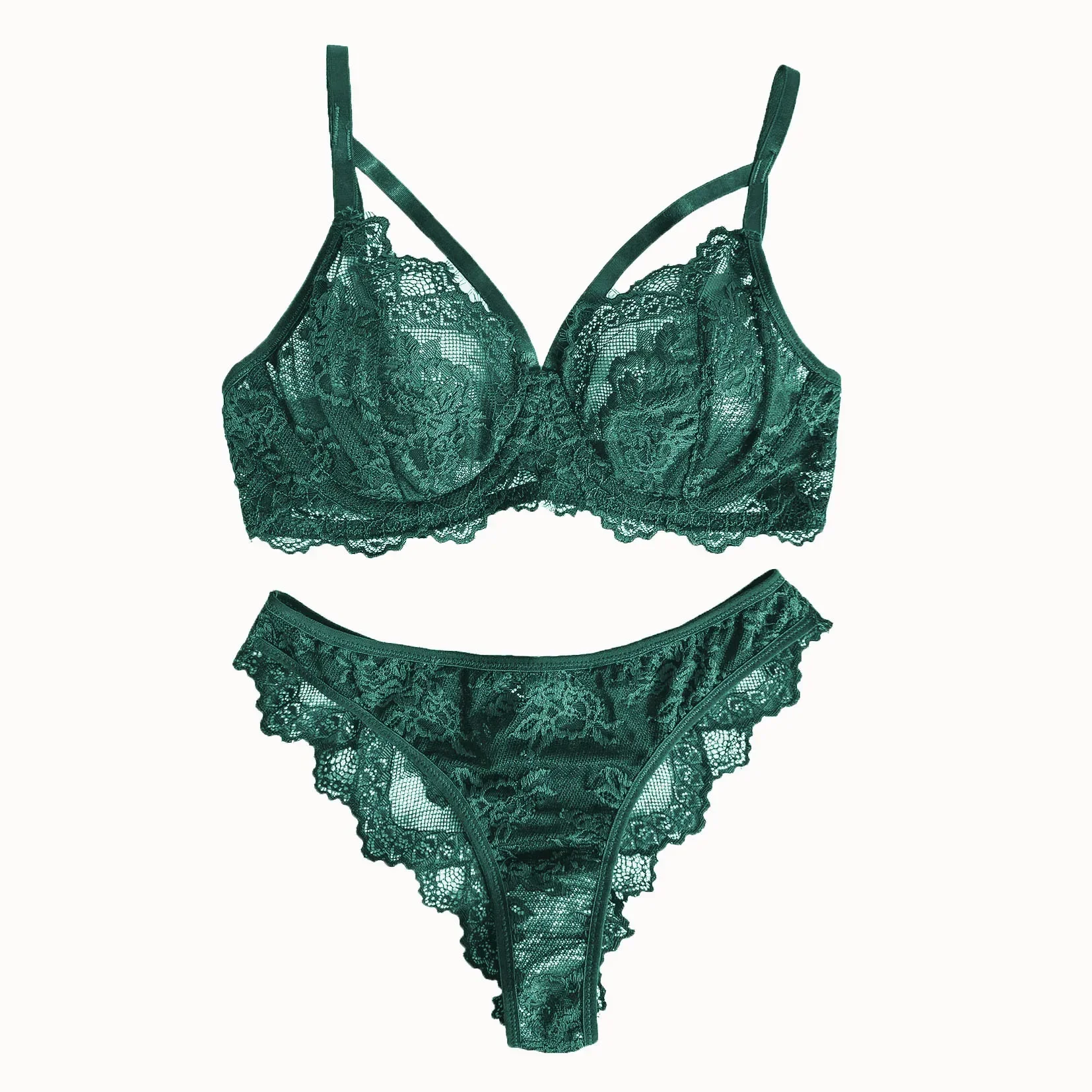 Lencería y ropa interior para mujer, sujetador con aros y tirantes de encaje elegante con diseño de pestañas y bragas brasileñas, estilo sexy
