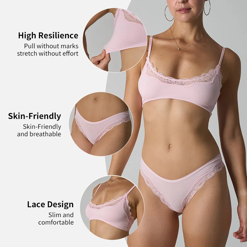 Conjunto de Lencería con Encaje, Sujetador Ajustable y Bragas de Cintura Baja, Estilo Chic y Simple, Alta Elasticidad