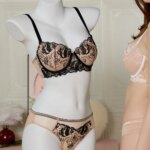 Conjunto de lencería con bordado floral Midnight Whisper para mujer, sujetador de media copa con aros y bragas, 2 piezas, ropa interior íntima romántica de malla transparente. - Imagen 6