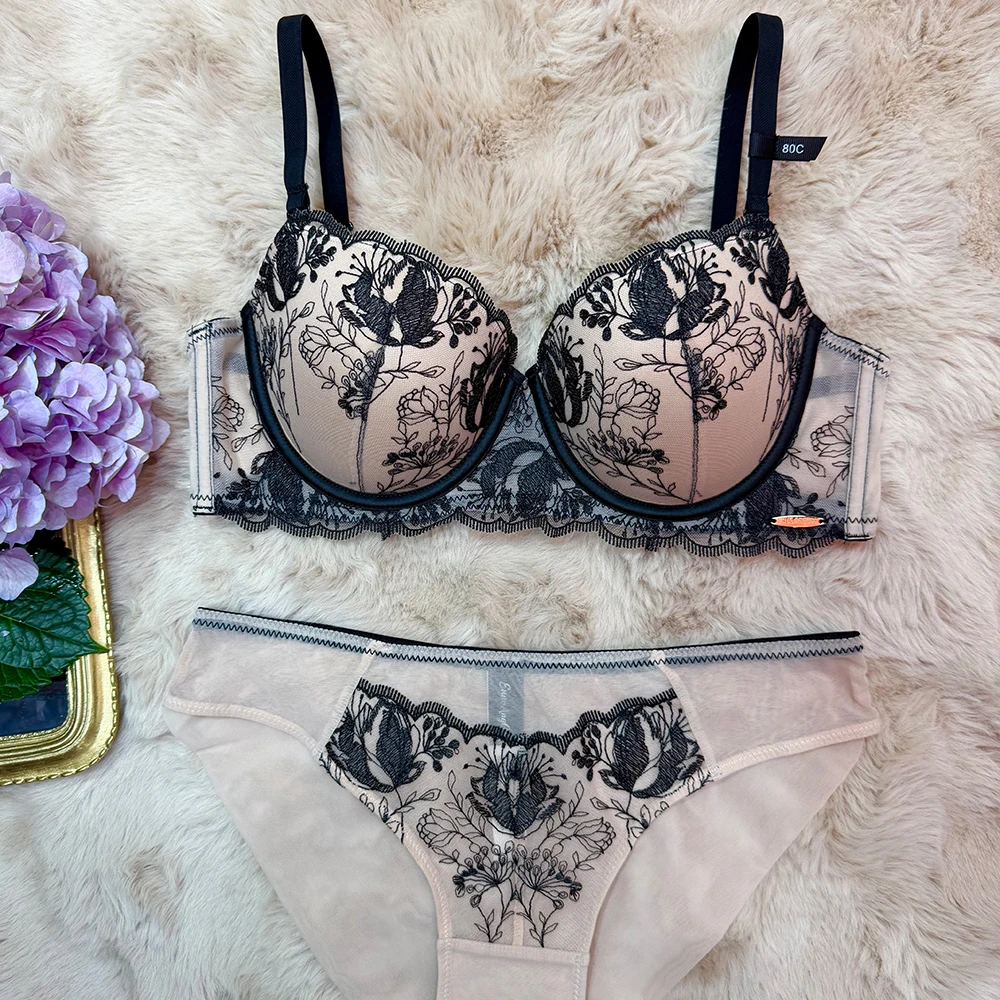 Conjunto de lencería con bordado floral Midnight Whisper para mujer, sujetador de media copa con aros y bragas, 2 piezas, ropa interior íntima romántica de malla transparente.