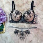 Conjunto de lencería con bordado floral Midnight Whisper para mujer, sujetador de media copa con aros y bragas, 2 piezas, ropa interior íntima romántica de malla transparente.