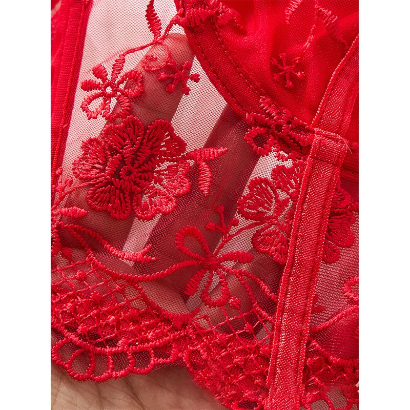Lencería para mujer, conjunto de sujetador y bragas bordados de encaje rojo sexy, bralette delicado con efecto push-up, conjunto de lencería íntima romántica de lujo Lencería para mujer, conjunto de sujetador y bragas bordados de encaje rojo sexy, bralette delicado con efecto push-up, conjunto de lencería íntima romántica de lujo
