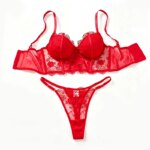 Lencería para mujer, conjunto de sujetador y bragas bordados de encaje rojo sexy, bralette delicado con efecto push-up, conjunto de lencería íntima romántica de lujo