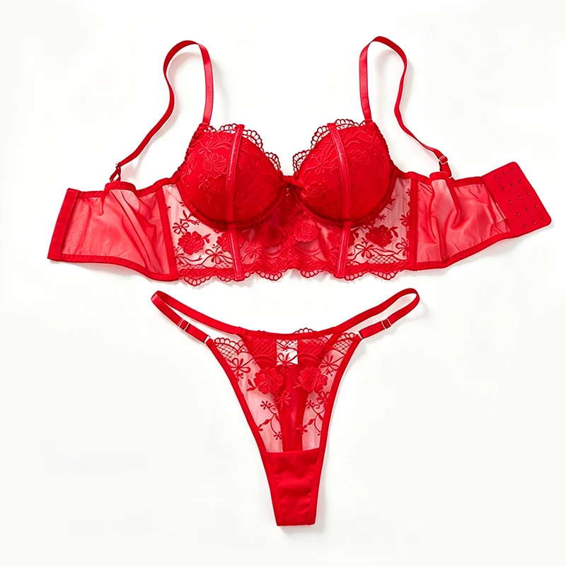 98767-oupp5k.jpg Lencería para mujer, conjunto de sujetador y bragas bordados de encaje rojo sexy, bralette delicado con efecto push-up, conjunto de lencería íntima romántica de lujo - Imagen 1