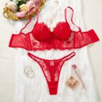 Lencería para mujer, conjunto de sujetador y bragas bordados de encaje rojo sexy, bralette delicado con efecto push-up, conjunto de lencería íntima romántica de lujo - Imagen 2