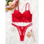 Lencería para mujer, conjunto de sujetador y bragas bordados de encaje rojo sexy, bralette delicado con efecto push-up, conjunto de lencería íntima romántica de lujo - Imagen 3