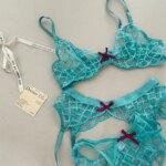 Conjunto de lencería azul sirena de tres piezas, ropa interior fina de pecho grande, Sujetador de encaje sexy, sujetadores románticos transpirables con traje de calzoncillos