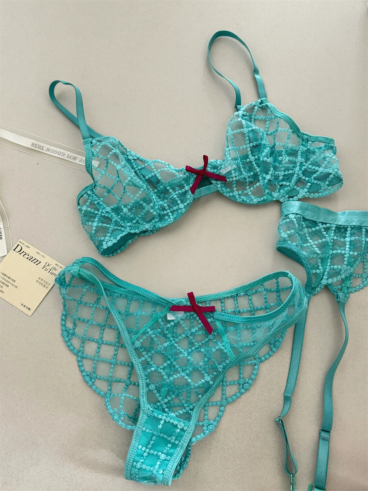 Conjunto de lencería azul sirena de tres piezas, ropa interior fina de pecho grande, Sujetador de encaje sexy, sujetadores románticos transpirables con traje de calzoncillos