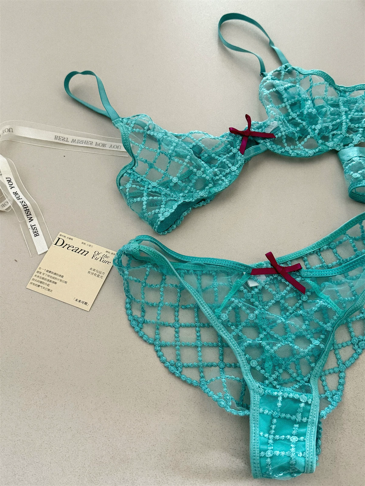Conjunto de lencería azul sirena de tres piezas, ropa interior fina de pecho grande, Sujetador de encaje sexy, sujetadores románticos transpirables con traje de calzoncillos