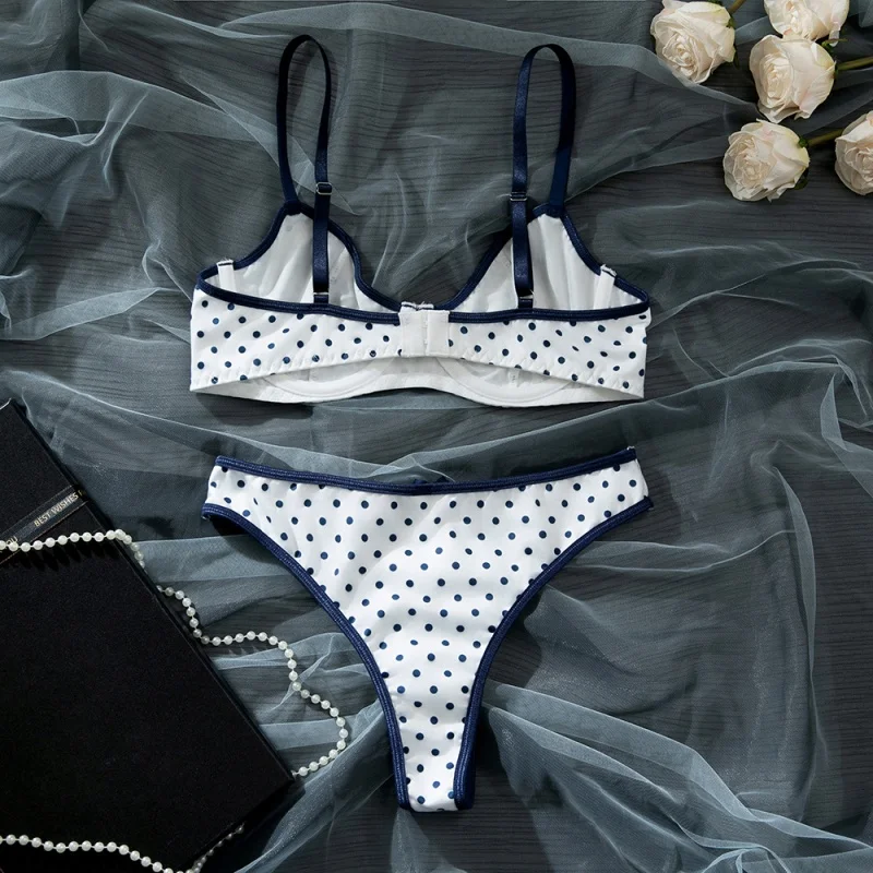 Conjunto de Lencería Vintage con Puntos, Bralette con Aros y Tanga, 2 Piezas, Estilo Francés en Contraste, Lencería Íntima para Uso Diario