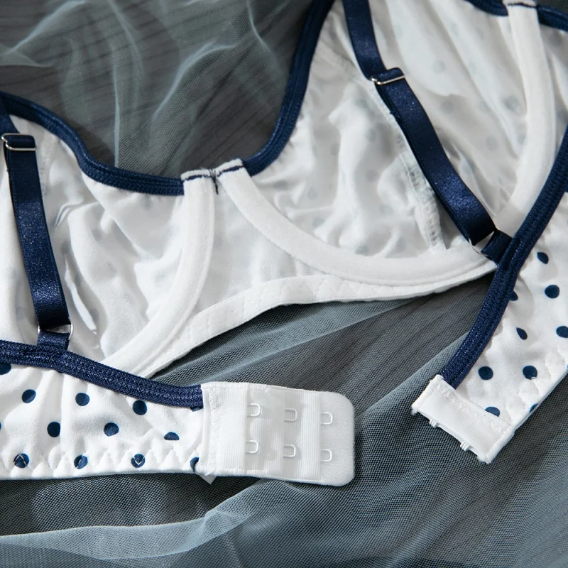 Conjunto de Lencería Vintage con Puntos, Bralette con Aros y Tanga, 2 Piezas, Estilo Francés en Contraste, Lencería Íntima para Uso Diario