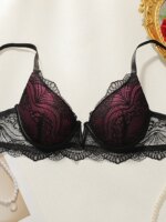 Conjunto de lencería sexy de encaje para mujer, sujetador push-up con aros y braguita, 2 piezas, bralette de encaje transparente con tanga de espalda cruzada. - Imagen 3