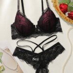 Conjunto de lencería sexy de encaje para mujer, sujetador push-up con aros y braguita, 2 piezas, bralette de encaje transparente con tanga de espalda cruzada.