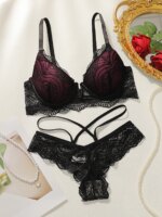 Conjunto de lencería sexy de encaje para mujer, sujetador push-up con aros y braguita, 2 piezas, bralette de encaje transparente con tanga de espalda cruzada.