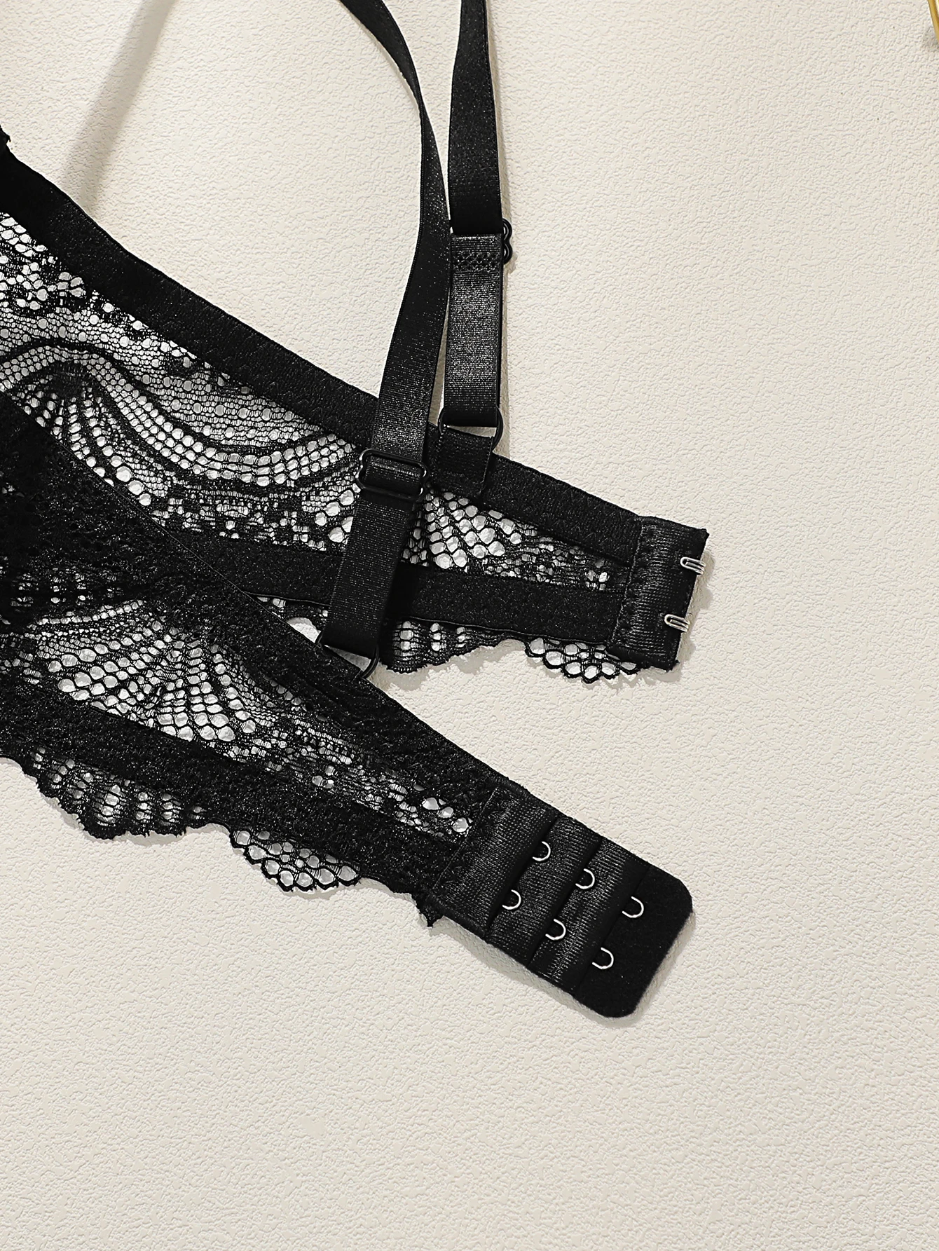 Conjunto de lencería sexy de encaje para mujer, sujetador push-up con aros y braguita, 2 piezas, bralette de encaje transparente con tanga de espalda cruzada.