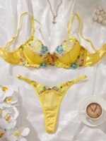 Conjunto de lencería ultrafina para mujer, conjunto de sujetador y bragas con aros de acero, ropa interior íntima de lujo con empalme de satén y bordado floral - Imagen 4