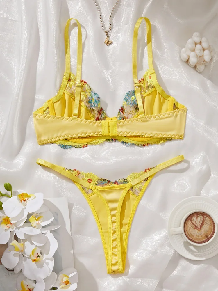 Conjunto de lencería ultrafina para mujer, conjunto de sujetador y bragas con aros de acero, ropa interior íntima de lujo con empalme de satén y bordado floral