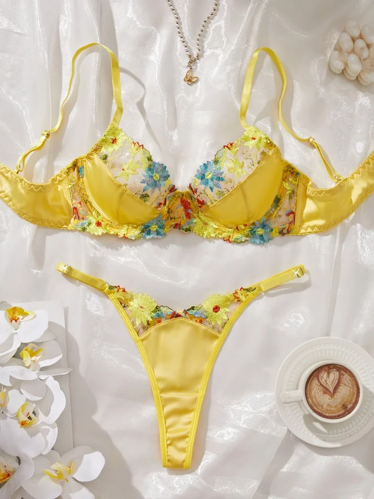 Conjunto de lencería ultrafina para mujer, conjunto de sujetador y bragas con aros de acero, ropa interior íntima de lujo con empalme de satén y bordado floral