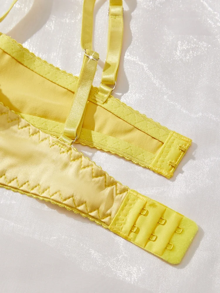 Conjunto de lencería ultrafina para mujer, conjunto de sujetador y bragas con aros de acero, ropa interior íntima de lujo con empalme de satén y bordado floral