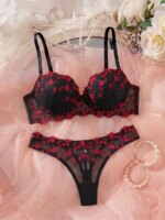 Conjunto de lencería con bordado de rosas rojas para mujer, sujetador push-up con aros y copa de grosor medio, bragas de malla negra, 2 piezas, ropa interior íntima elegante - Imagen 4