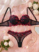 Conjunto de lencería con bordado de rosas rojas para mujer, sujetador push-up con aros y copa de grosor medio, bragas de malla negra, 2 piezas, ropa interior íntima elegante - Imagen 2