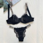 Conjunto de lencería sexy para mujer, 2 piezas, sujetador push-up y bragas ajustables con pedrería, encaje y diseño de letras de marca, 2026, NUEVO - Imagen 3