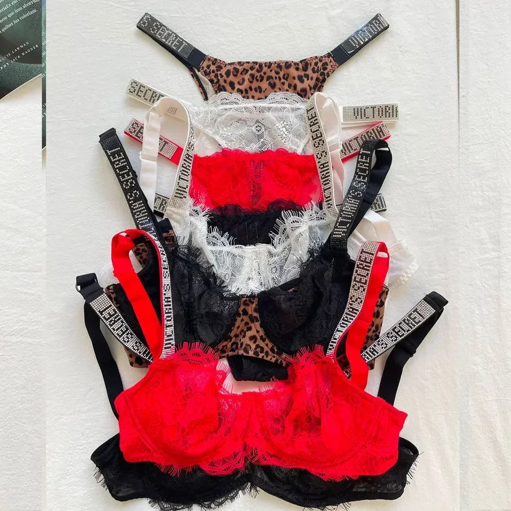 98996-upkave.jpg Conjunto de lencería sexy para mujer, 2 piezas, sujetador push-up y bragas ajustables con pedrería, encaje y diseño de letras de marca, 2026, NUEVO - Imagen 1