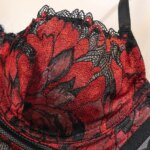 Conjunto de lencería de encaje floral transparente para mujer, sujetador con aros sin relleno y bragas, 2 piezas, rojo y negro en contraste, ropa interior íntima de corte largo. - Imagen 4