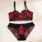 Conjunto de lencería de encaje floral transparente para mujer, sujetador con aros sin relleno y bragas, 2 piezas, rojo y negro en contraste, ropa interior íntima de corte largo. - Imagen 3