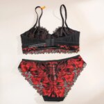 Conjunto de lencería de encaje floral transparente para mujer, sujetador con aros sin relleno y bragas, 2 piezas, rojo y negro en contraste, ropa interior íntima de corte largo. - Imagen 2