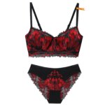 Conjunto de lencería de encaje floral transparente para mujer, sujetador con aros sin relleno y bragas, 2 piezas, rojo y negro en contraste, ropa interior íntima de corte largo.