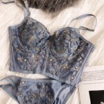 Conjunto de ropa interior Sexy con bordado de flores de encaje para mujer, conjunto de sujetador de realce moldeador de cuerpo francés, conjuntos de lencería blanca romántica, 2 piezas - Imagen 3