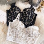 Conjunto de ropa interior Sexy con bordado de flores de encaje para mujer, conjunto de sujetador de realce moldeador de cuerpo francés, conjuntos de lencería blanca romántica, 2 piezas - Imagen 5