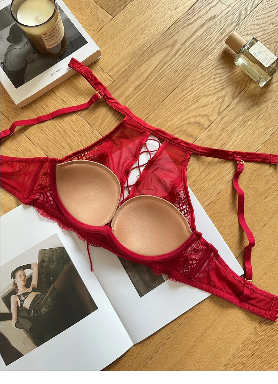 Sujetador Halter de encaje francés de lujo, Bralette transparente de realce de pecho pequeño, conjunto de lencería negra seductora, comodidad sin aros MOYISU AB
