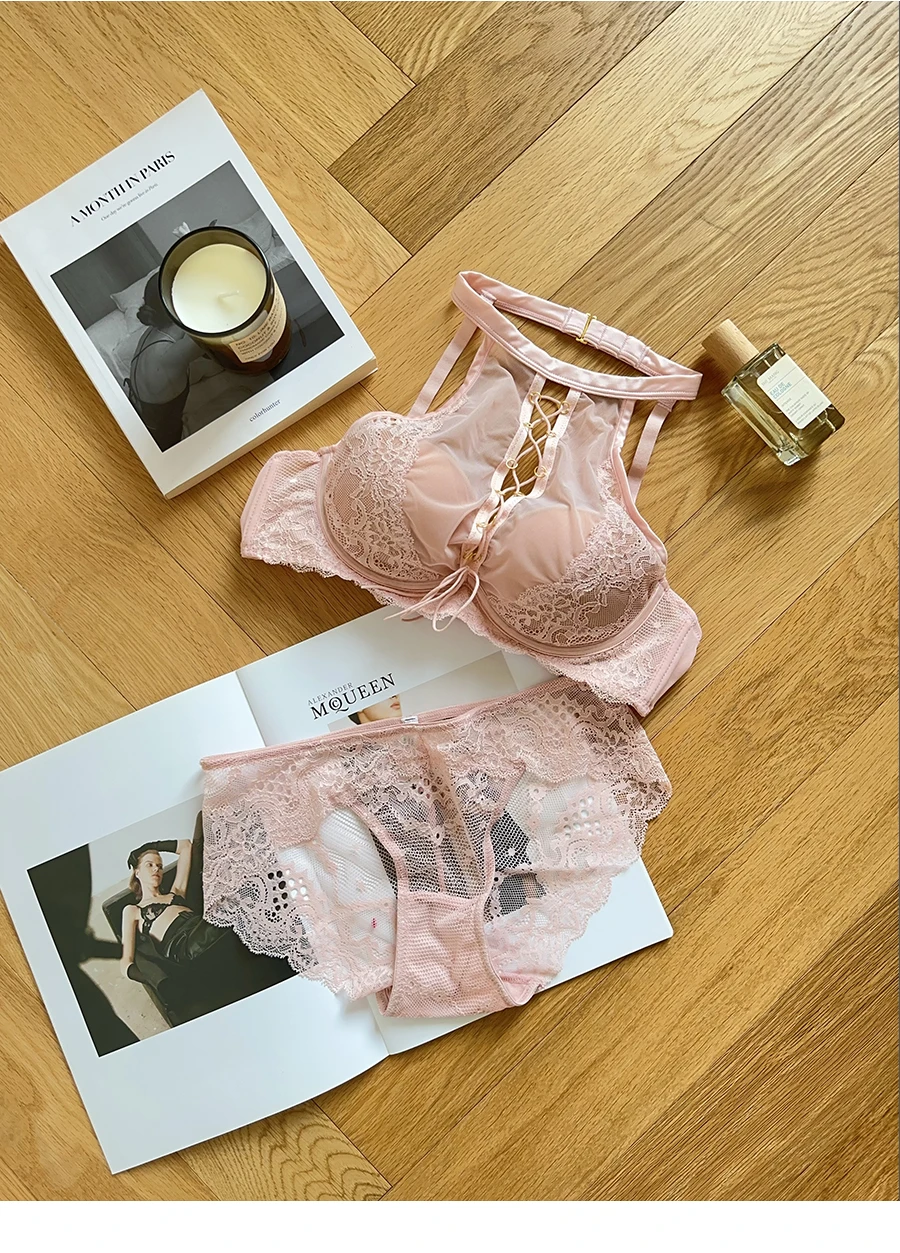Sujetador Halter de encaje francés de lujo, Bralette transparente de realce de pecho pequeño, conjunto de lencería negra seductora, comodidad sin aros MOYISU AB