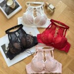 Sujetador Halter de encaje francés de lujo, Bralette transparente de realce de pecho pequeño, conjunto de lencería negra seductora, comodidad sin aros MOYISU AB