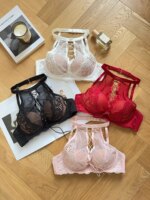 Sujetador Halter de encaje francés de lujo, Bralette transparente de realce de pecho pequeño, conjunto de lencería negra seductora, comodidad sin aros MOYISU AB